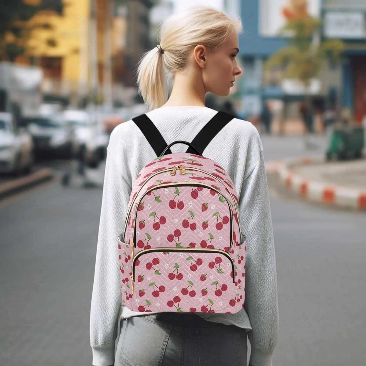 ALAZA Cherry Berries Flowers Women Backpack Purse Ladies Fashion Shoulder Bag Daypack Travel Bag 10L