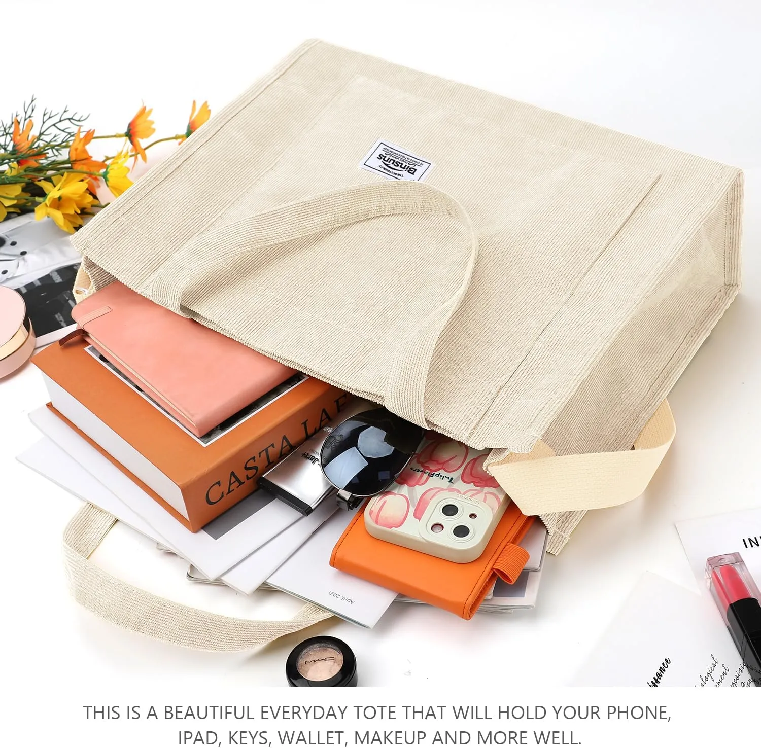 BINSUNS Corduroy Tote Bag for Women Small Satchel Bag Mini Tote Bag Aesthetic Crossbody Handbag - School Work Travel Shopping