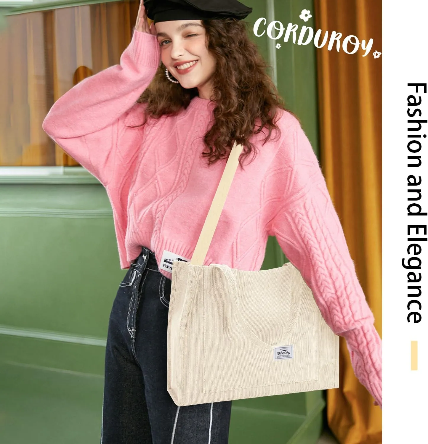 BINSUNS Corduroy Tote Bag for Women Small Satchel Bag Mini Tote Bag Aesthetic Crossbody Handbag - School Work Travel Shopping