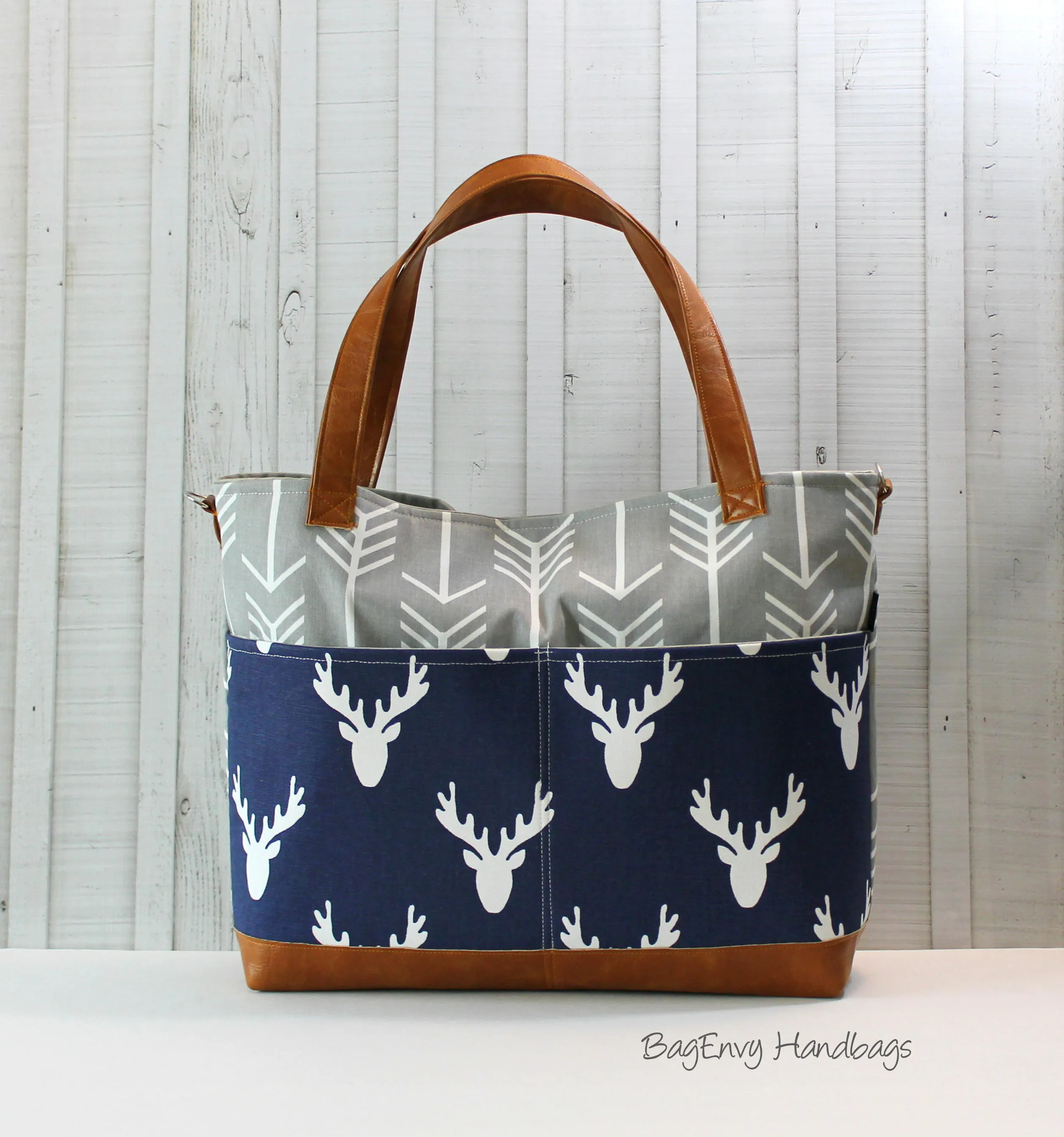 Black  Arrows - Grey Deer Head with Vegan Leather - Outside Pockets - Tote Bag /  Diaper Bag  / Large Bag