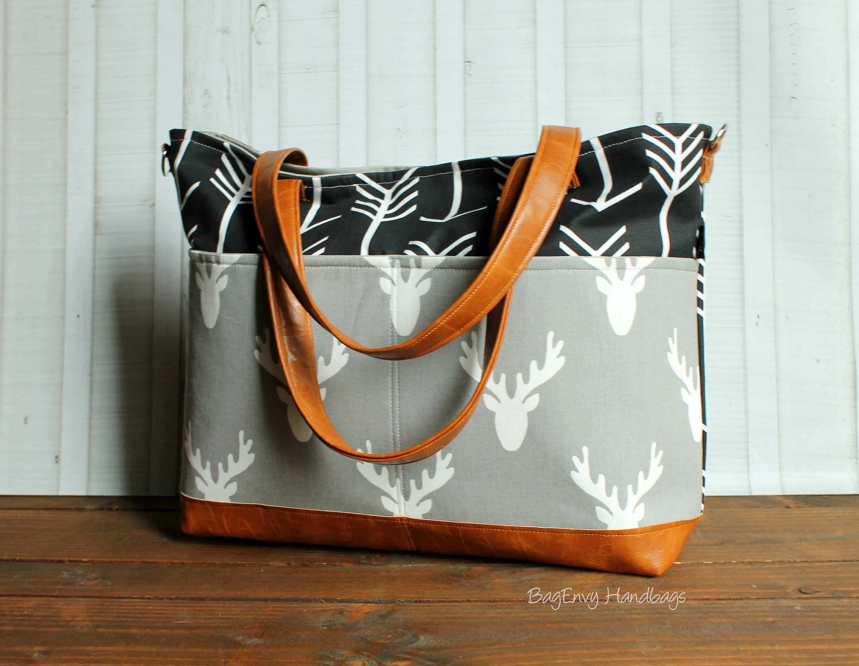 Black  Arrows - Grey Deer Head with Vegan Leather - Outside Pockets - Tote Bag /  Diaper Bag  / Large Bag