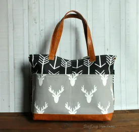 Black  Arrows - Grey Deer Head with Vegan Leather - Outside Pockets - Tote Bag /  Diaper Bag  / Large Bag