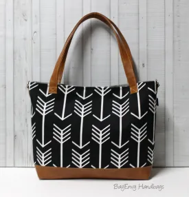Black Arrows with Vegan Leather - Tote Bag /  Diaper Bag /  Medium Bag -