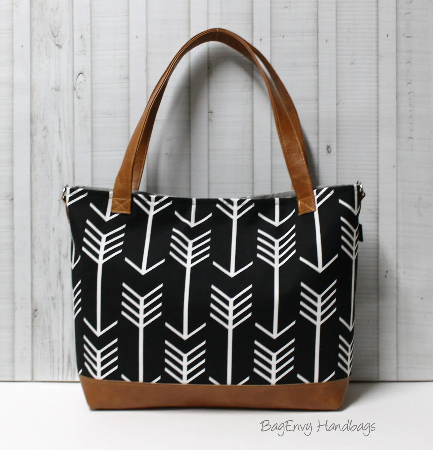 Black Arrows with Vegan Leather - Tote Bag /  Diaper Bag /  Medium Bag -