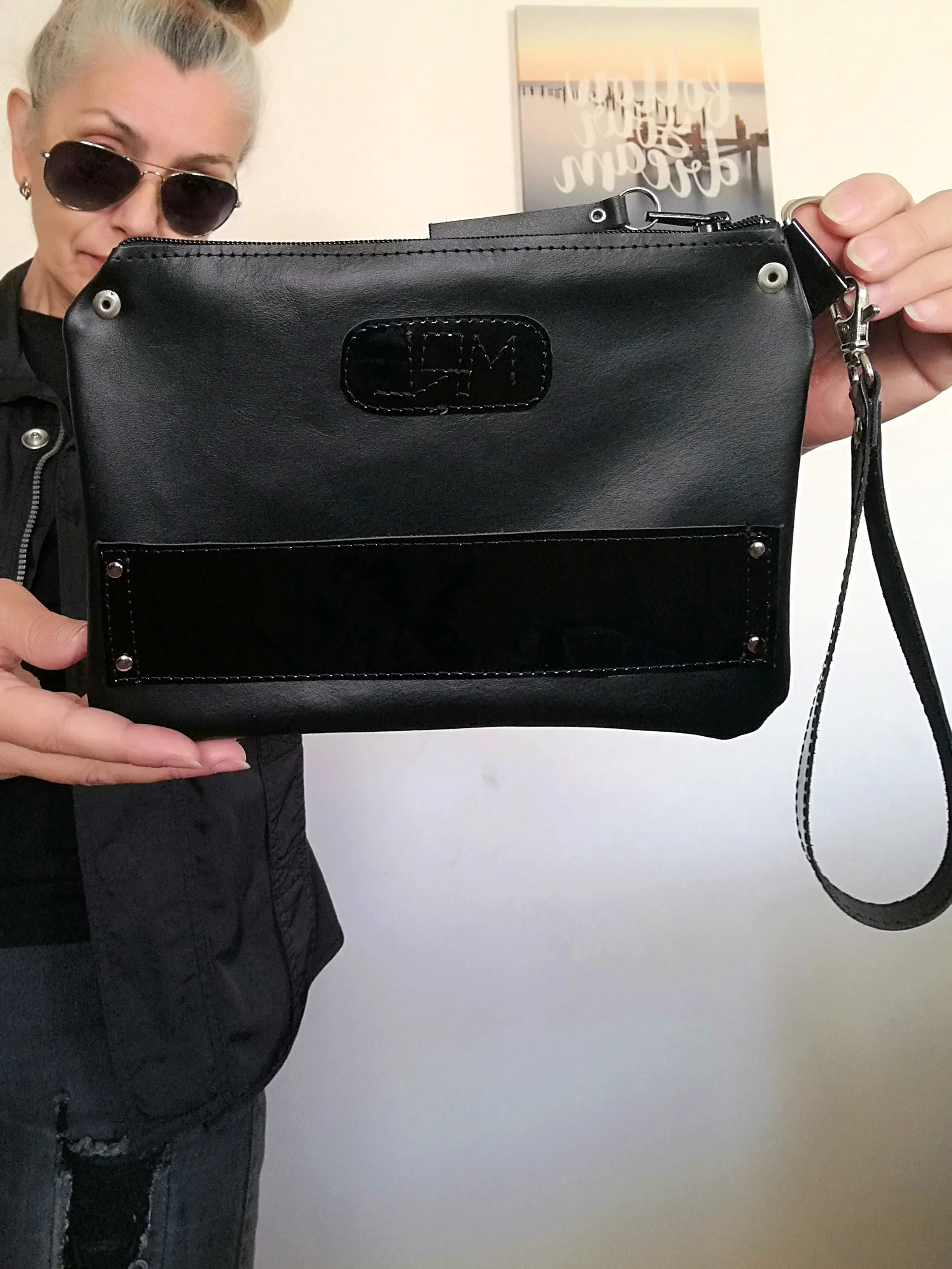 Black Leather Clutch Bag Black Evening Wrist Bag