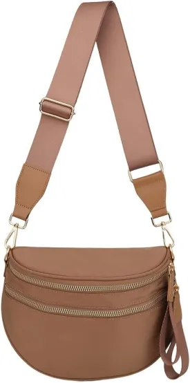 Bum Bags for Women Nylon Crossbody Bag Solid Spacious Cresent Sling Belt Half Moon Purse with Adjustable Strap Trendy Satchel