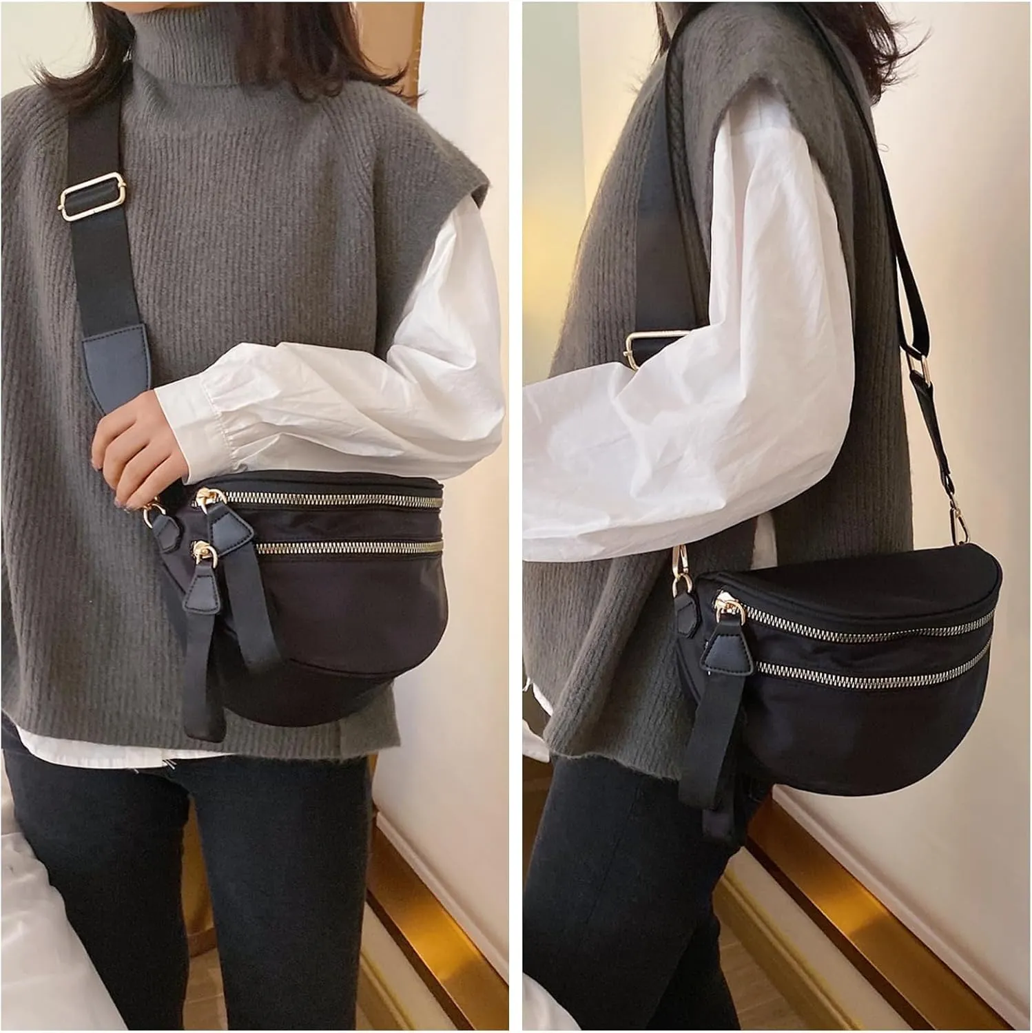 Bum Bags for Women Nylon Crossbody Bag Solid Spacious Cresent Sling Belt Half Moon Purse with Adjustable Strap Trendy Satchel