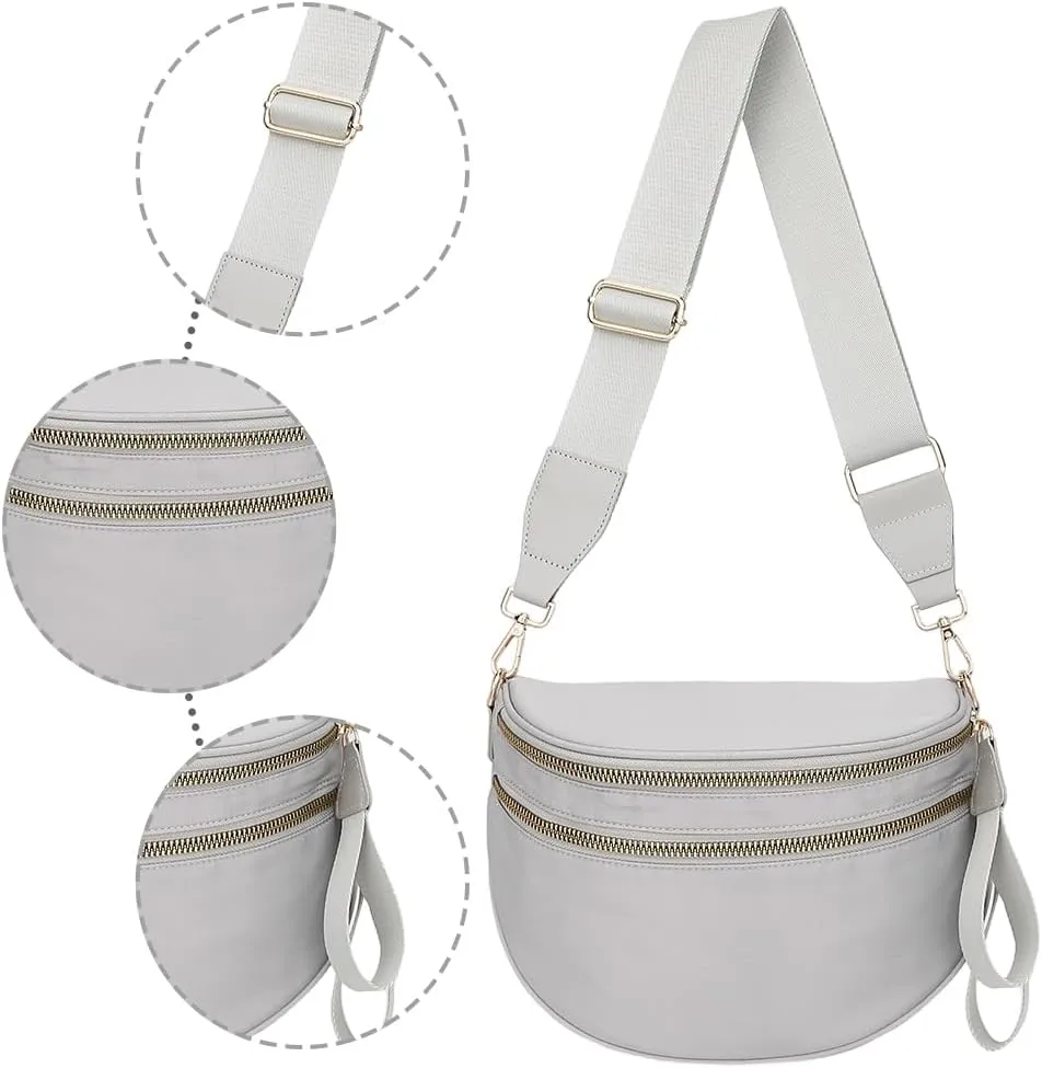 Bum Bags for Women Nylon Crossbody Bag Solid Spacious Cresent Sling Belt Half Moon Purse with Adjustable Strap Trendy Satchel