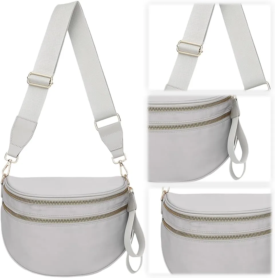 Bum Bags for Women Nylon Crossbody Bag Solid Spacious Cresent Sling Belt Half Moon Purse with Adjustable Strap Trendy Satchel