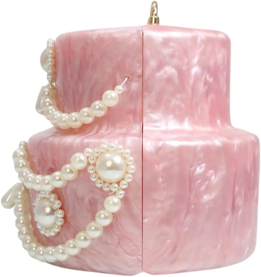 Cake Shaped Acrylic Clutch Pearl Handbags Beaded Evening Bag Mini Clutch Handbag for Wedding Cocktail Party Prom