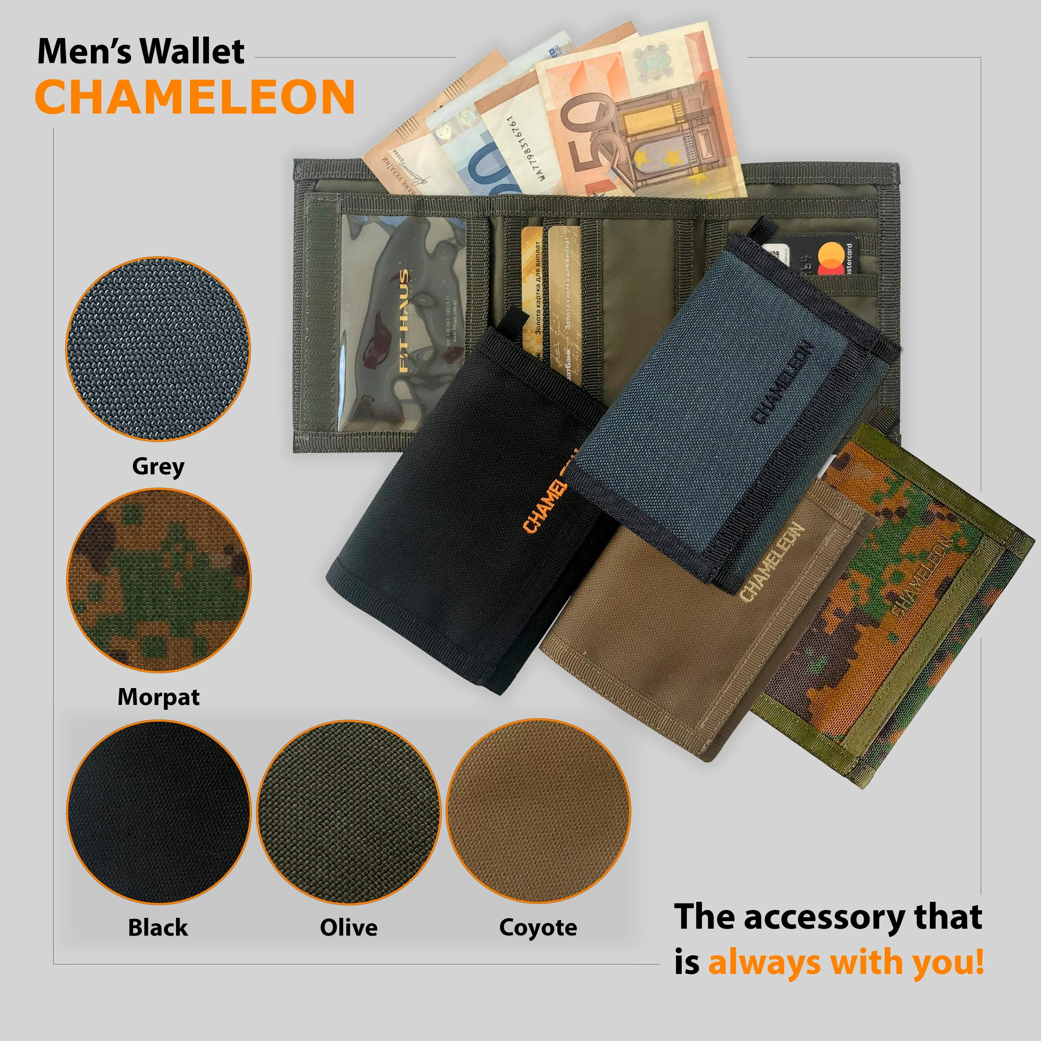 Chameleon Velcro Trifold Mens Wallet-Military Tactical Men Wallets- ID Card Holder - Canvas Thin Front Pocket Travel Wallet-Coin Zipper Pocket-Olive