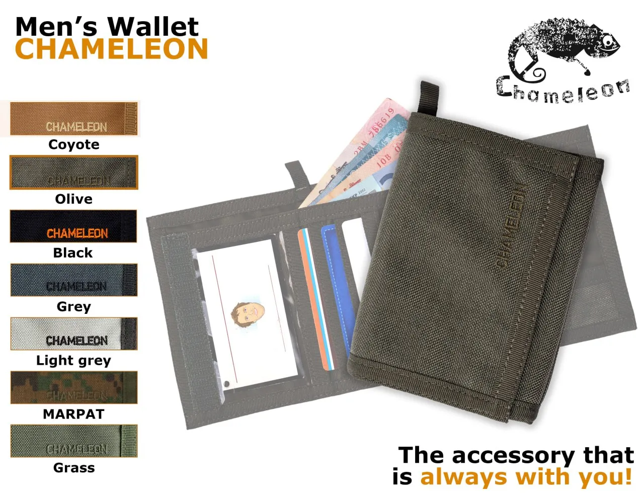 Chameleon Velcro Trifold Mens Wallet-Military Tactical Men Wallets- ID Card Holder - Canvas Thin Front Pocket Travel Wallet-Coin Zipper Pocket-Olive