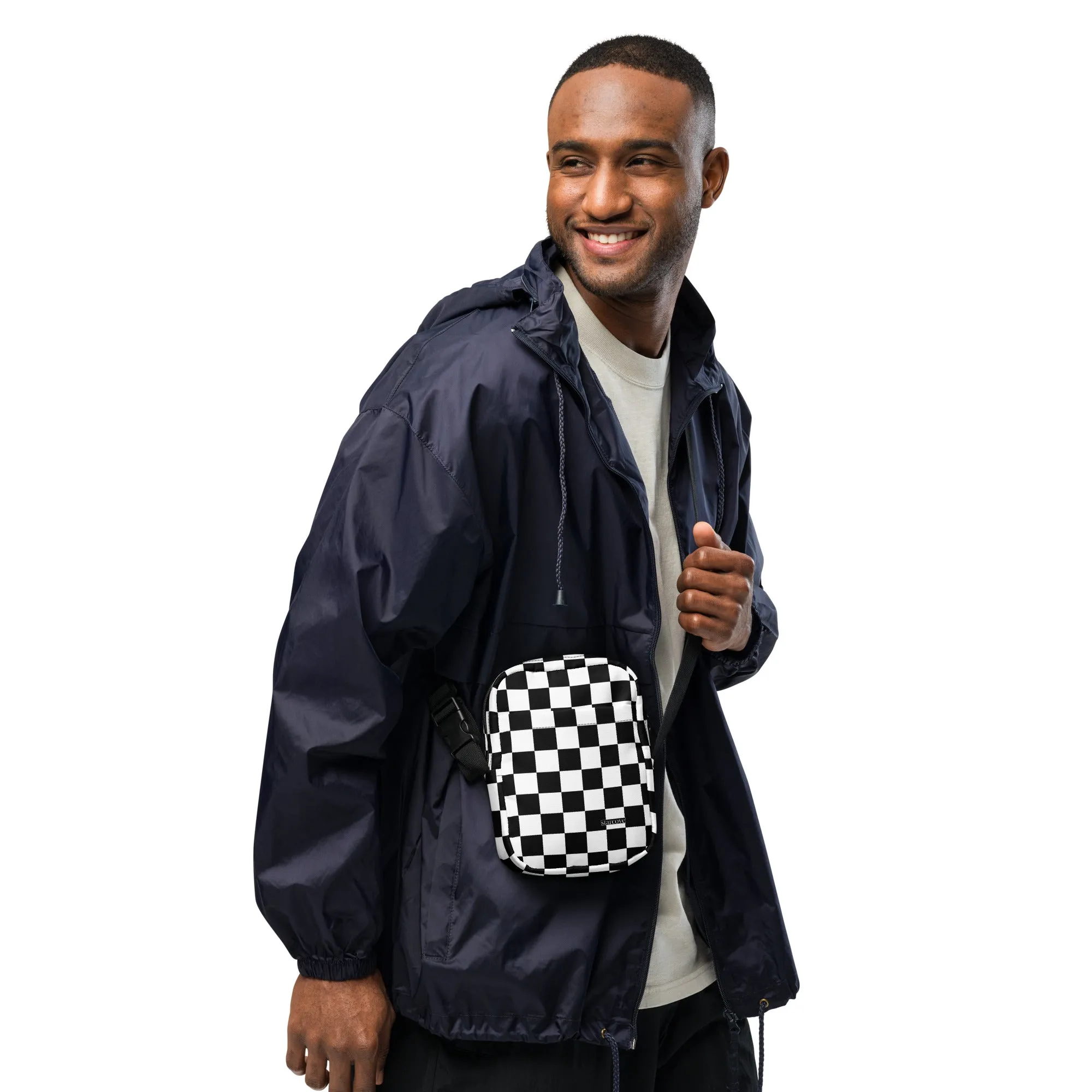 Checkered Crossbody Bag Purse, Black White Check Women Men Phone Small Handbag Shoulder Zipper Ladies Zip Strap Designer Summer Cross Body