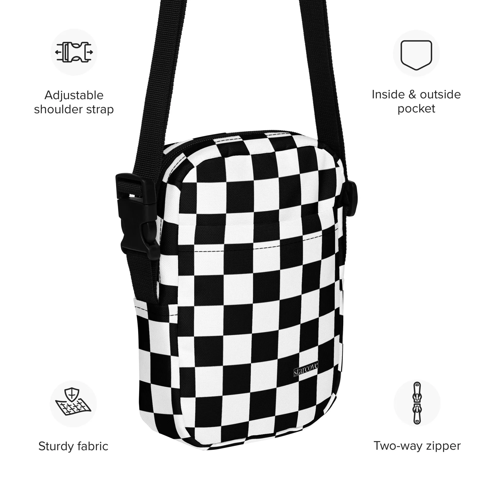 Checkered Crossbody Bag Purse, Black White Check Women Men Phone Small Handbag Shoulder Zipper Ladies Zip Strap Designer Summer Cross Body
