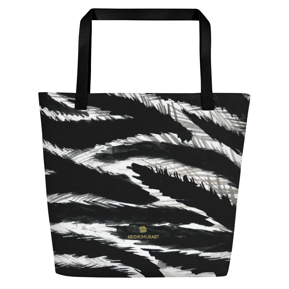 Chic Black Zebra Beach Bag, White Zebra Animal Pattern Print Large Tote 16"x20" Beach Bag- Made in USA/EU