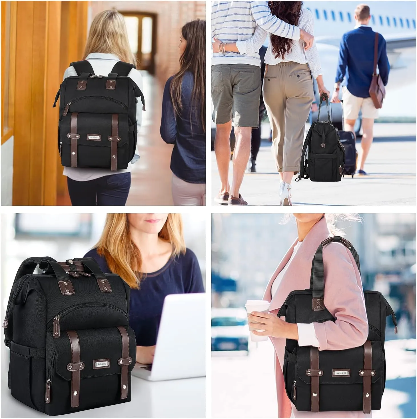 FALANKO Laptop Backpack For Women, Work Doctor Teacher Nurse Wide Open Bookbags 17.3 Inch Laptops Backpack with USB Charging Port, Water Resistant RFID Computer Backpack for Men Women Black