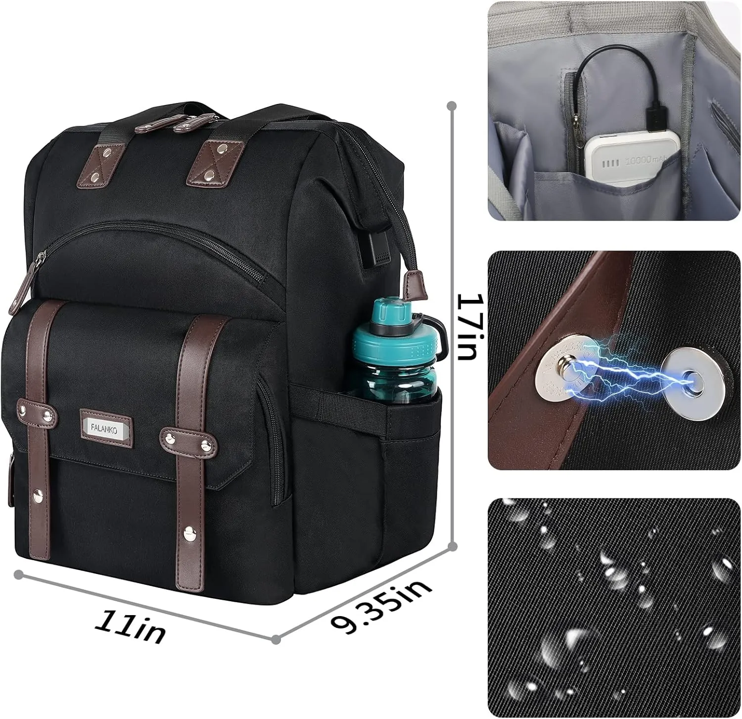 FALANKO Laptop Backpack For Women, Work Doctor Teacher Nurse Wide Open Bookbags 17.3 Inch Laptops Backpack with USB Charging Port, Water Resistant RFID Computer Backpack for Men Women Black
