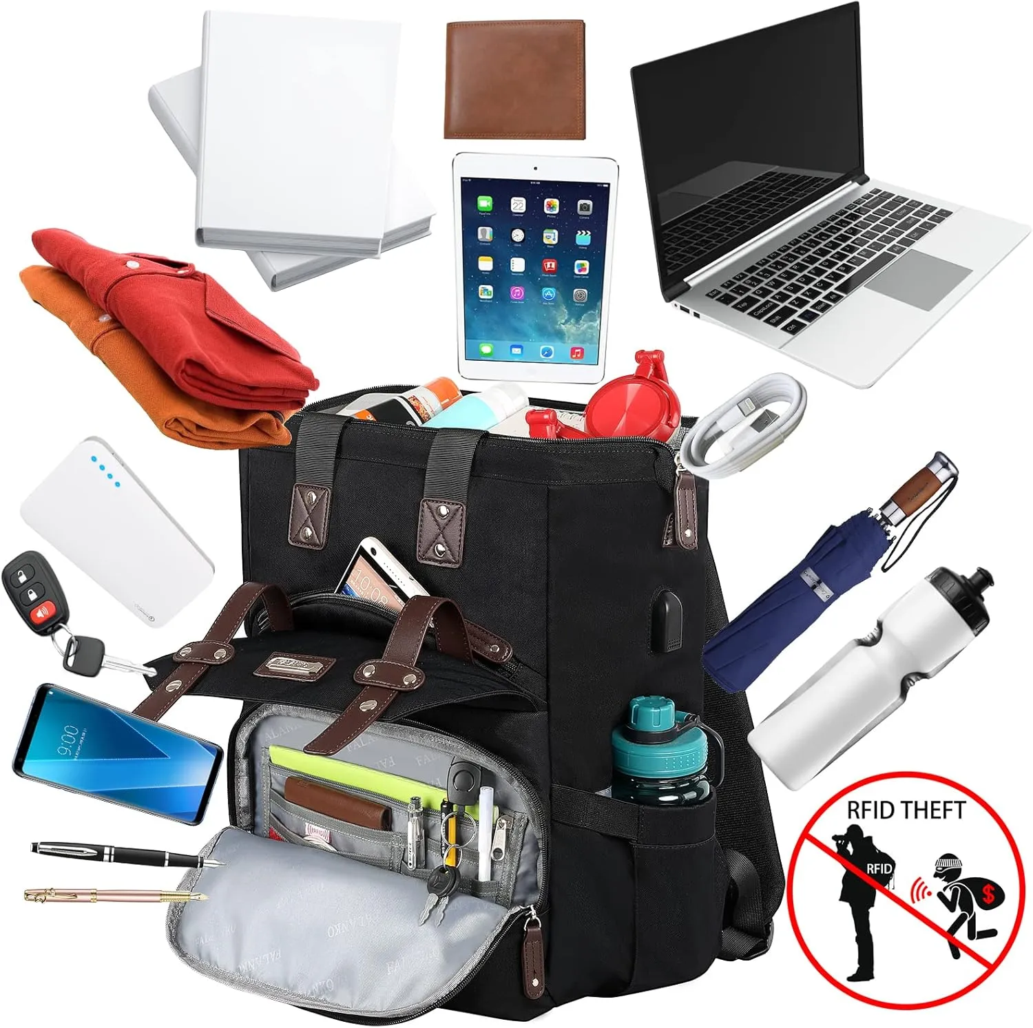 FALANKO Laptop Backpack For Women, Work Doctor Teacher Nurse Wide Open Bookbags 17.3 Inch Laptops Backpack with USB Charging Port, Water Resistant RFID Computer Backpack for Men Women Black