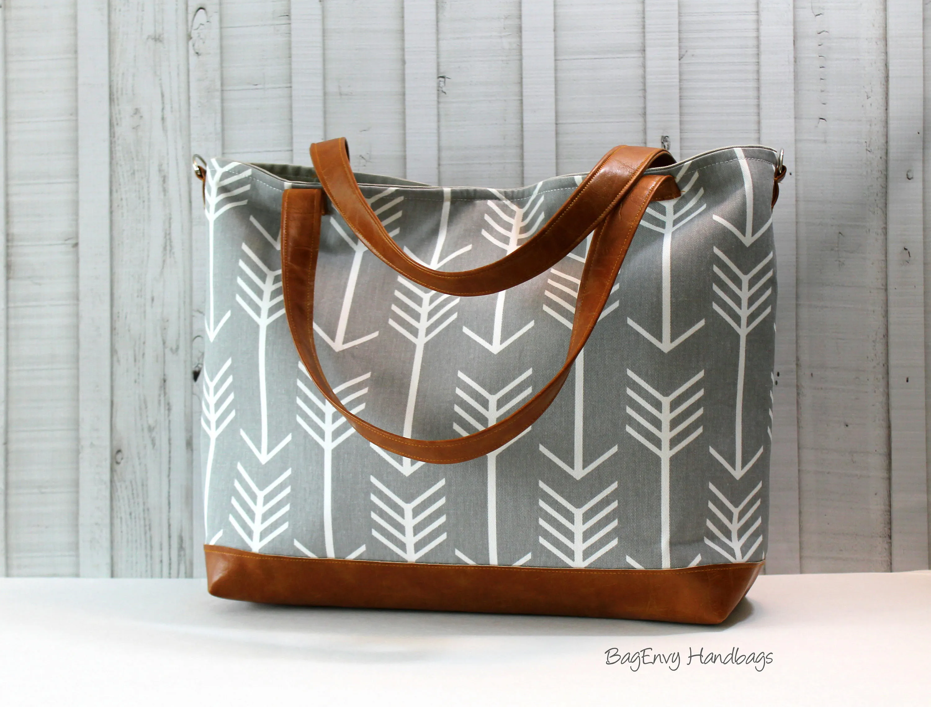 Grey Arrows with Vegan Leather -Tote Bag /  Diaper Bag - Medium / Large Bag