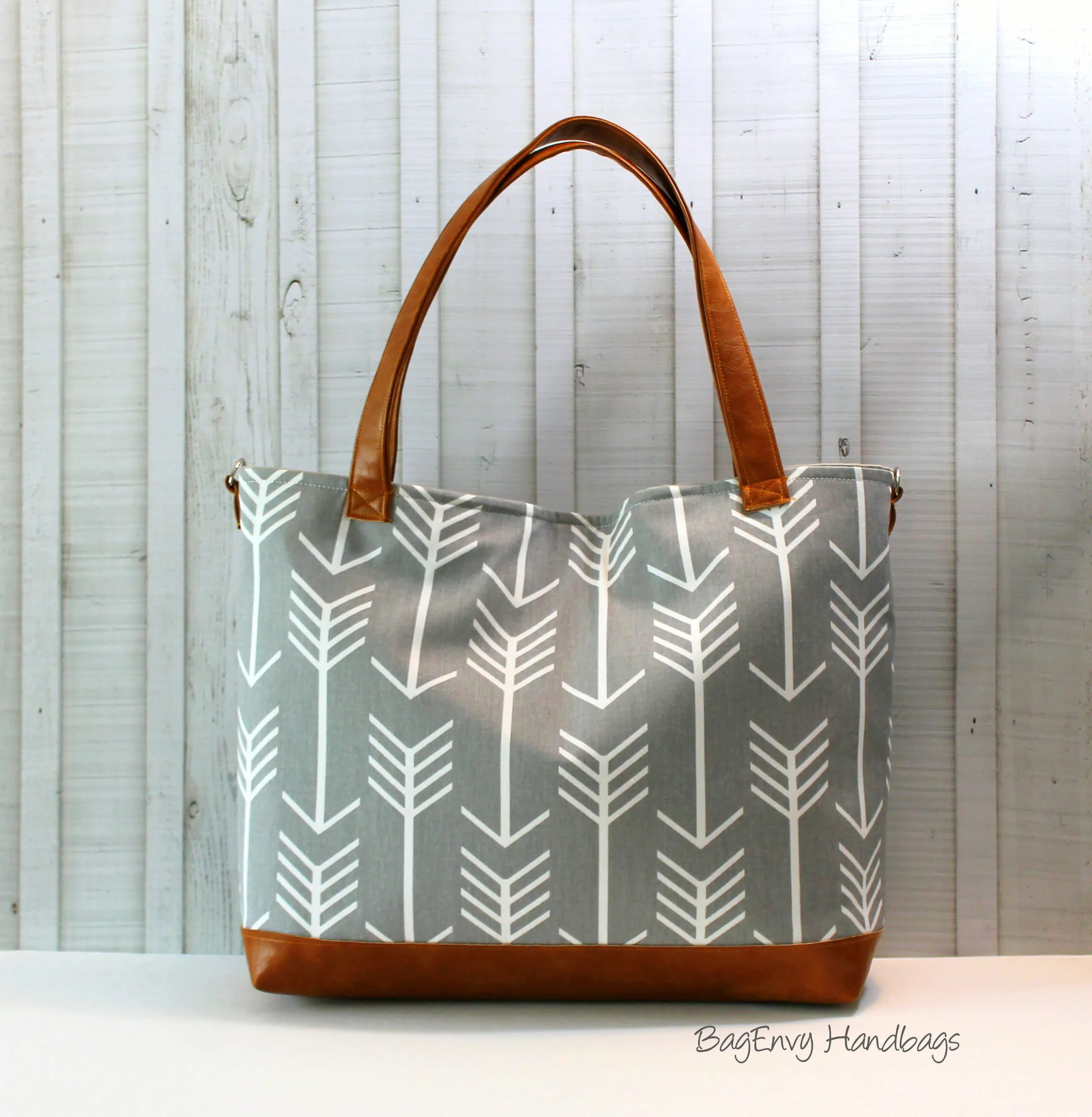 Grey Arrows with Vegan Leather -Tote Bag /  Diaper Bag - Medium / Large Bag