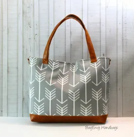 Grey Arrows with Vegan Leather -Tote Bag /  Diaper Bag - Medium / Large Bag