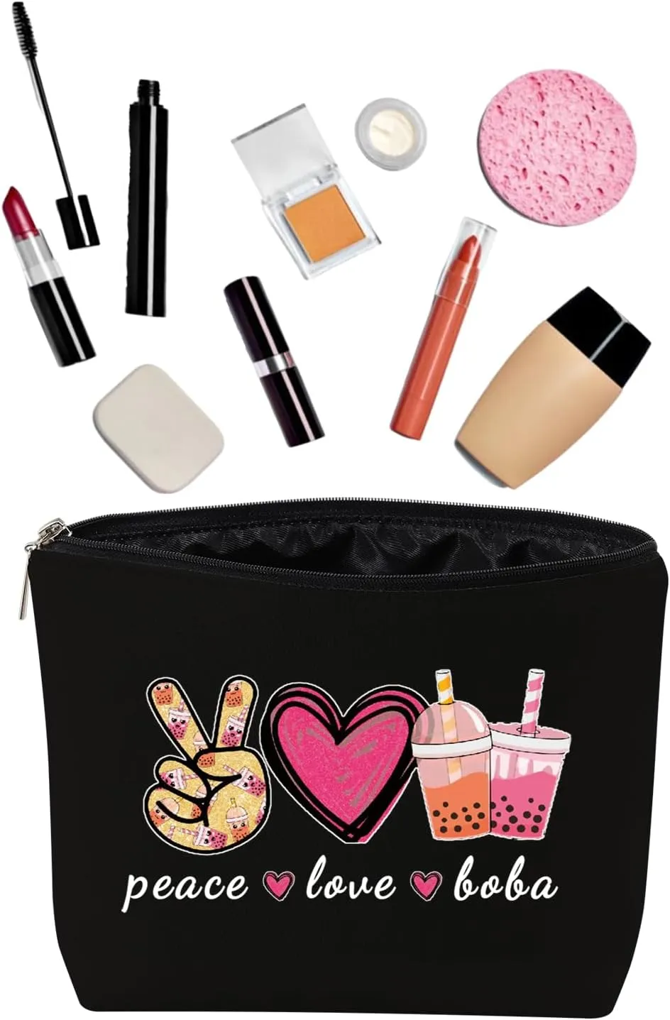 JXGZSO Peace Love Boba Cosmetic Bag Makeup Bag With Zipper Coffee Boba Tea Gift Bubble Tea Makeup Bag (peace love boba black)