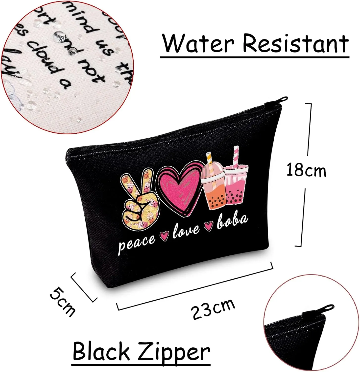 JXGZSO Peace Love Boba Cosmetic Bag Makeup Bag With Zipper Coffee Boba Tea Gift Bubble Tea Makeup Bag (peace love boba black)