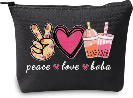JXGZSO Peace Love Boba Cosmetic Bag Makeup Bag With Zipper Coffee Boba Tea Gift Bubble Tea Makeup Bag (peace love boba black)