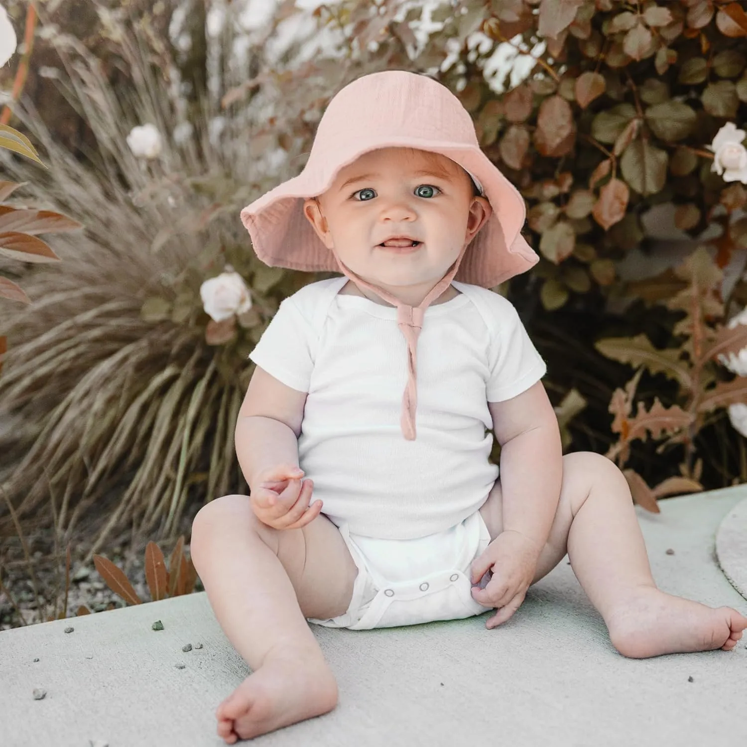 Konssy 2 Pack Muslin Baby Sun Hat UPF 50  Sun Protection Baby Bucket Hat Summer Beach Hats with Wide Brim for Boys & Girls