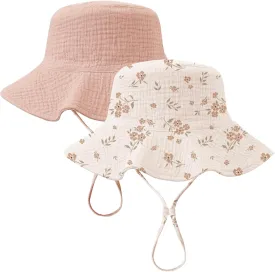 Konssy 2 Pack Muslin Baby Sun Hat UPF 50  Sun Protection Baby Bucket Hat Summer Beach Hats with Wide Brim for Boys & Girls