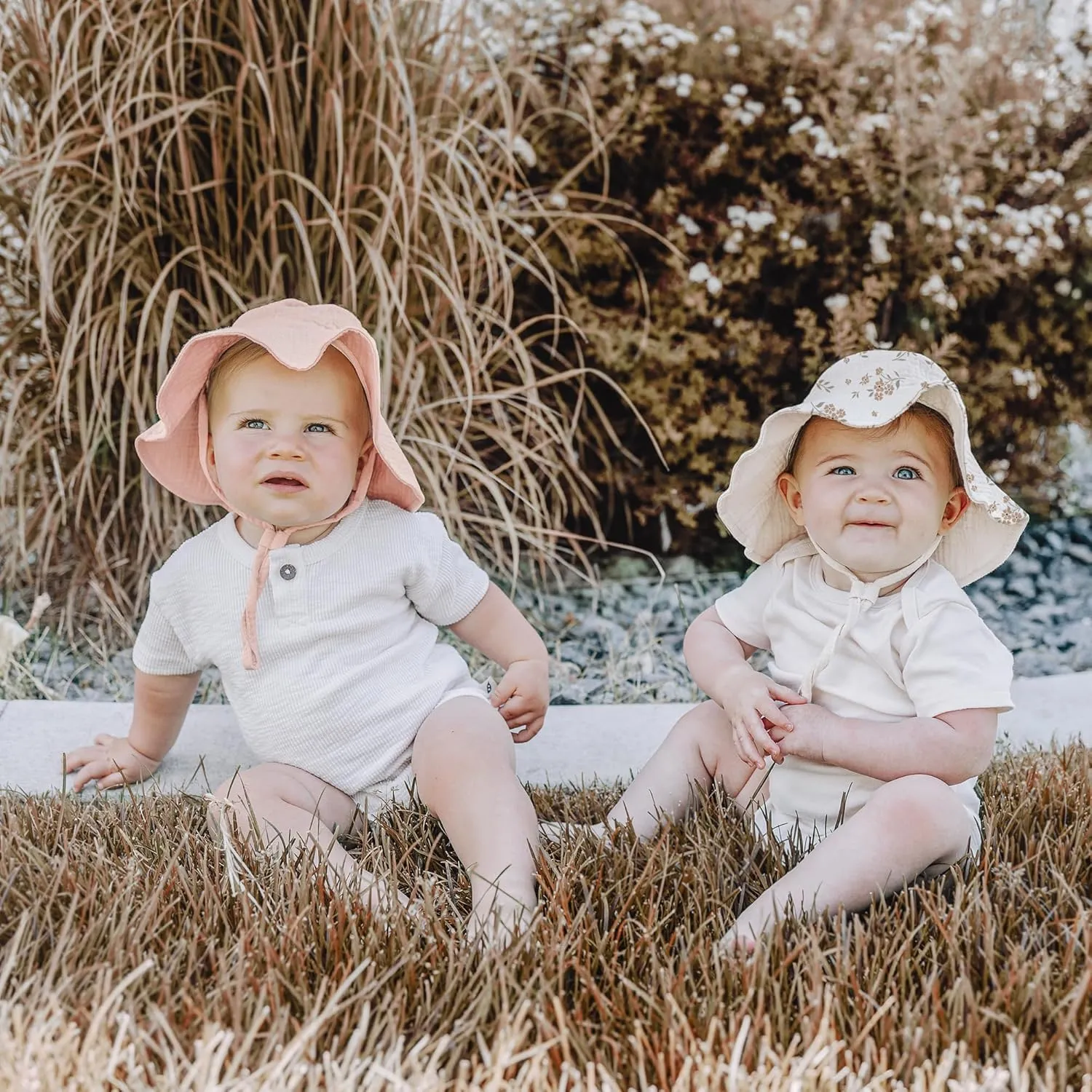 Konssy 2 Pack Muslin Baby Sun Hat UPF 50  Sun Protection Baby Bucket Hat Summer Beach Hats with Wide Brim for Boys & Girls