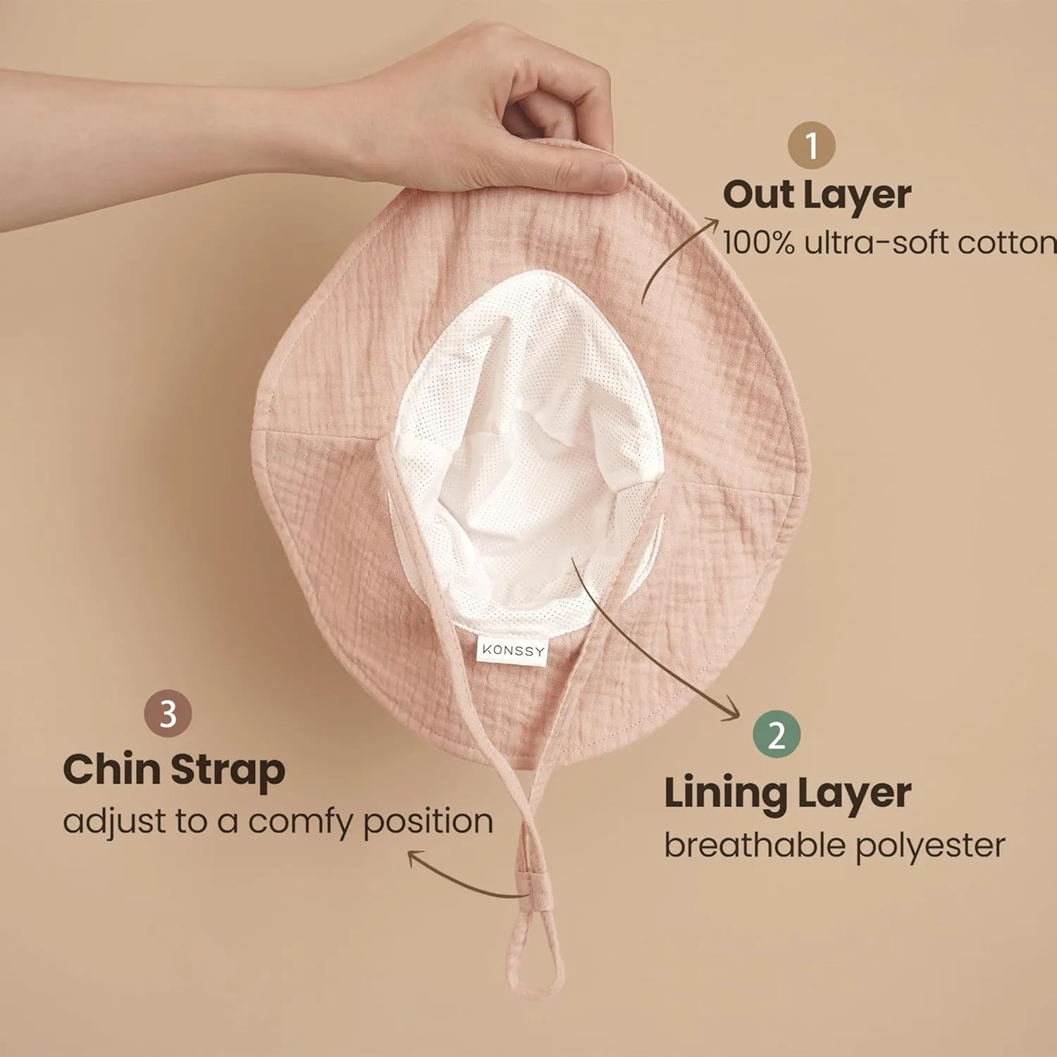 Konssy 2 Pack Muslin Baby Sun Hat UPF 50  Sun Protection Baby Bucket Hat Summer Beach Hats with Wide Brim for Boys & Girls