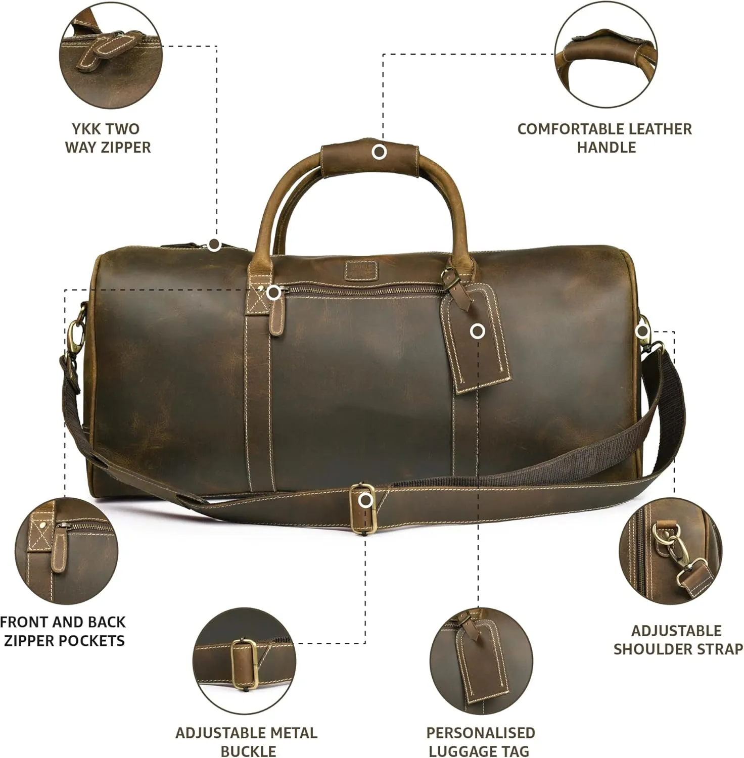 Leather Village Premium Leather Duffel Bags for Men & Women-Stylish Travel Weekender Carry-On Sports Gym Overnight Luggage Bag - 24 Inch - Olive/Army Green