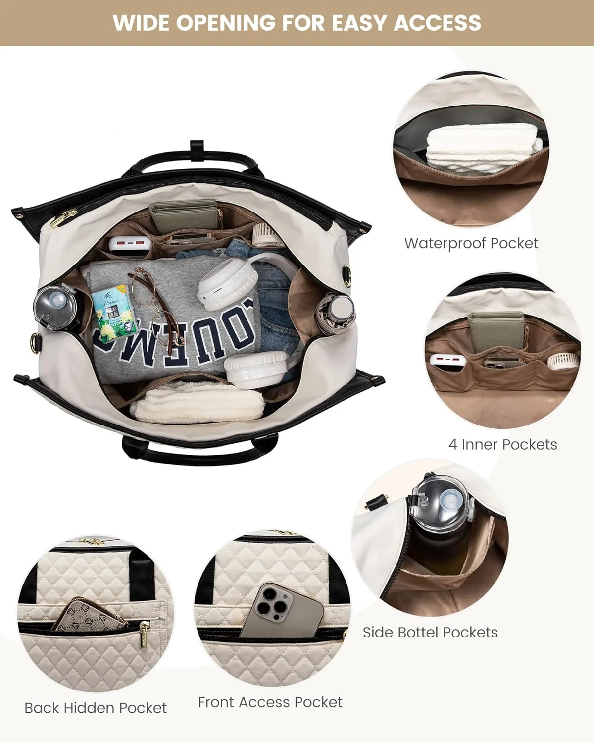 LOVEVOOK Travel Weekender Bags for Women, Quilted Carry On Duffle With Laptop Compartment Airplanes Approved, Large Overnight Bag with Toiletry Bag for Hospital Labor Delivery, 4 Pcs Set, Black-Beige