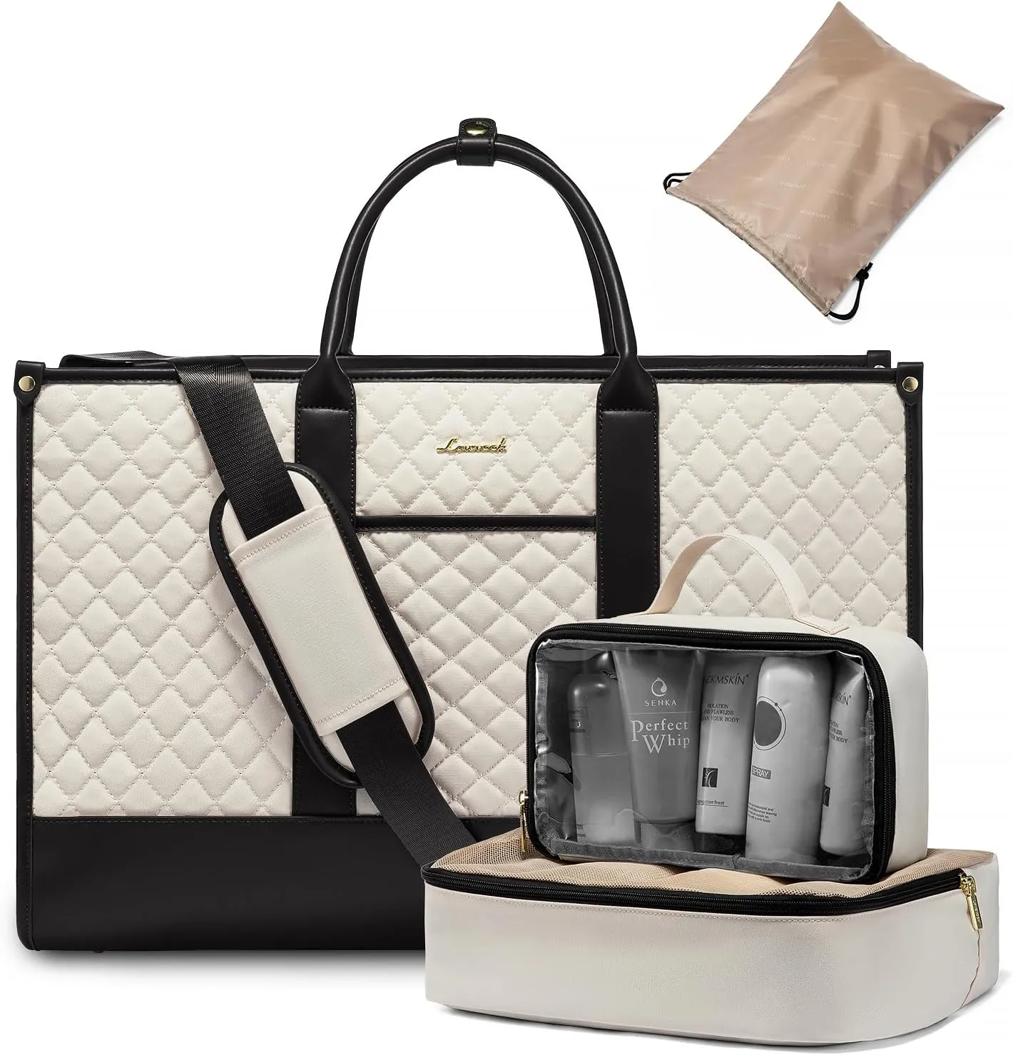 LOVEVOOK Travel Weekender Bags for Women, Quilted Carry On Duffle With Laptop Compartment Airplanes Approved, Large Overnight Bag with Toiletry Bag for Hospital Labor Delivery, 4 Pcs Set, Black-Beige