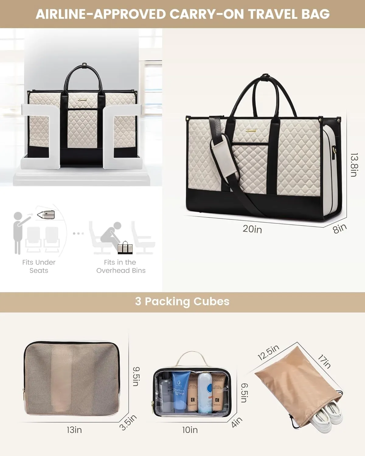 LOVEVOOK Travel Weekender Bags for Women, Quilted Carry On Duffle With Laptop Compartment Airplanes Approved, Large Overnight Bag with Toiletry Bag for Hospital Labor Delivery, 4 Pcs Set, Black-Beige