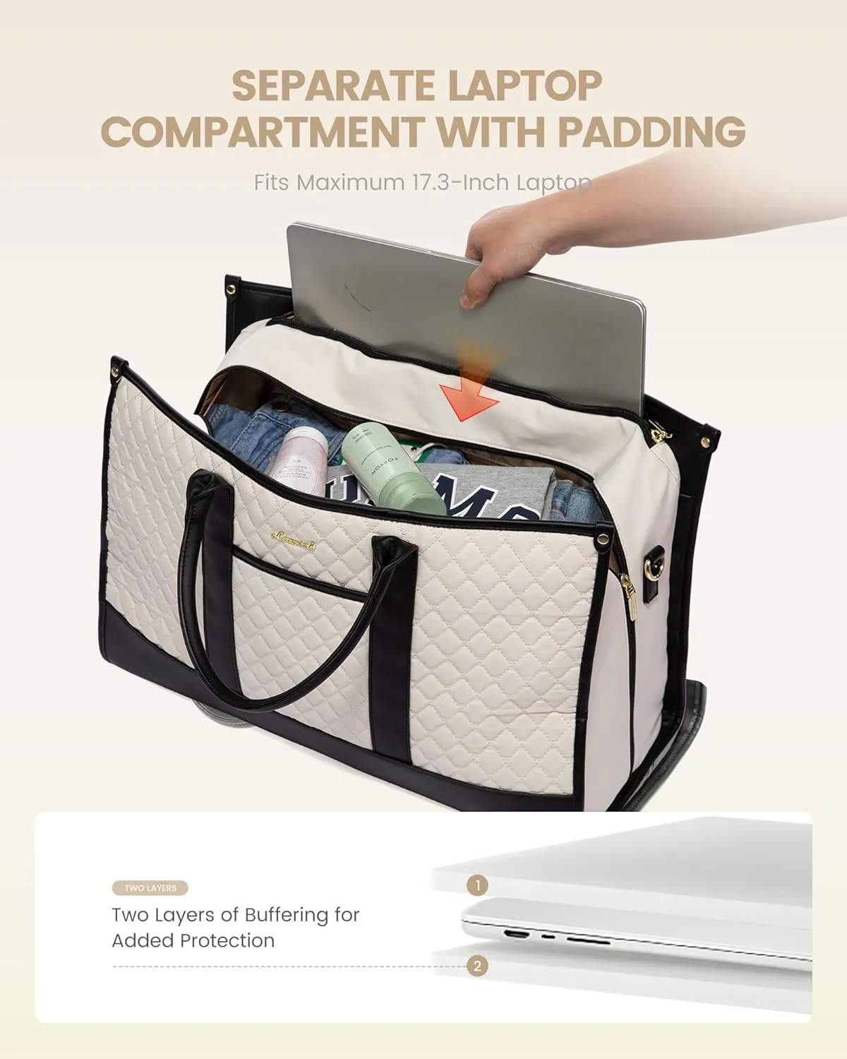 LOVEVOOK Travel Weekender Bags for Women, Quilted Carry On Duffle With Laptop Compartment Airplanes Approved, Large Overnight Bag with Toiletry Bag for Hospital Labor Delivery, 4 Pcs Set, Black-Beige