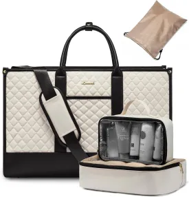 LOVEVOOK Travel Weekender Bags for Women, Quilted Carry On Duffle With Laptop Compartment Airplanes Approved, Large Overnight Bag with Toiletry Bag for Hospital Labor Delivery, 4 Pcs Set, Black-Beige