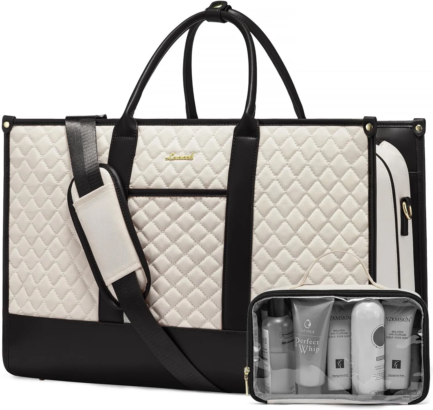 LOVEVOOK Travel Weekender Bags for Women, Quilted Carry On Duffle With Laptop Compartment Airplanes Approved, Large Overnight Bag with Toiletry Bag for Hospital Labor Delivery, Gym, Yoga, Beige-black