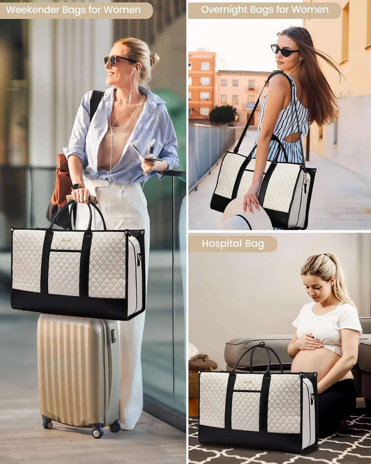 LOVEVOOK Travel Weekender Bags for Women, Quilted Carry On Duffle With Laptop Compartment Airplanes Approved, Large Overnight Bag with Toiletry Bag for Hospital Labor Delivery, Gym, Yoga, Beige-black