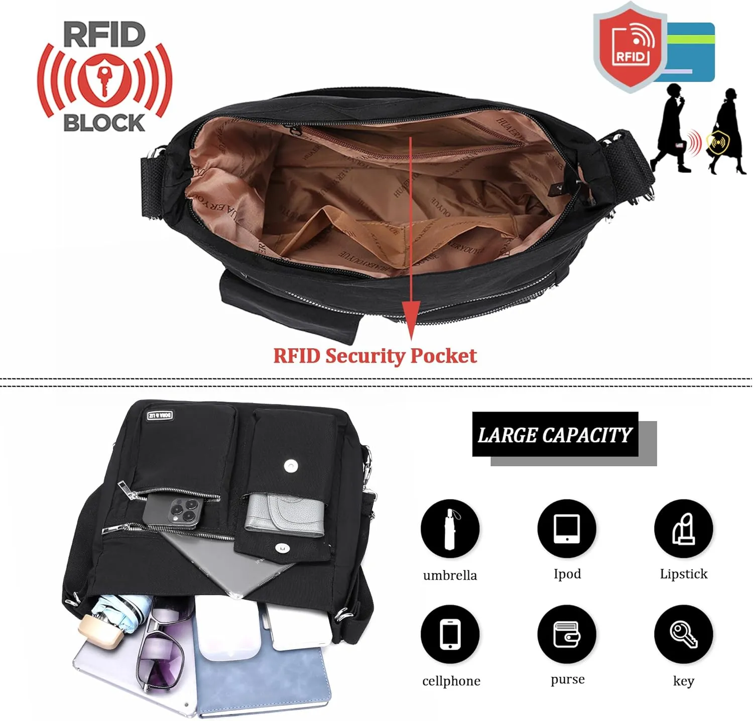 Multipurpose Hobo Purse for Women with Antitheft RFID, Waterproof Nylon Crossbody Bag Shoulder Handbag, Convertible Backpack