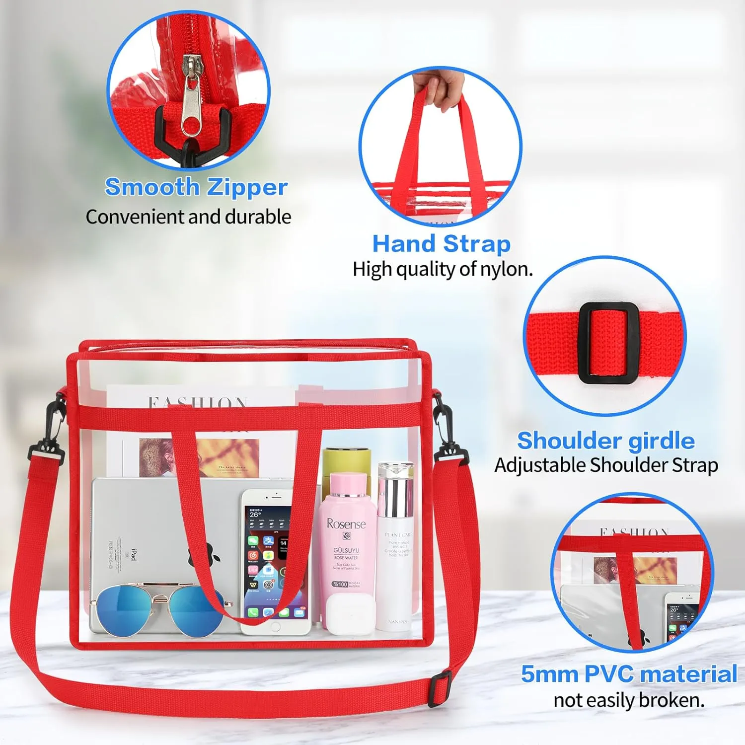 NATURAL STYLE Clear Tote Bag Stadium Security Approved, See Through Clear Handbag Purse Bag for Work, Beach, Stadium