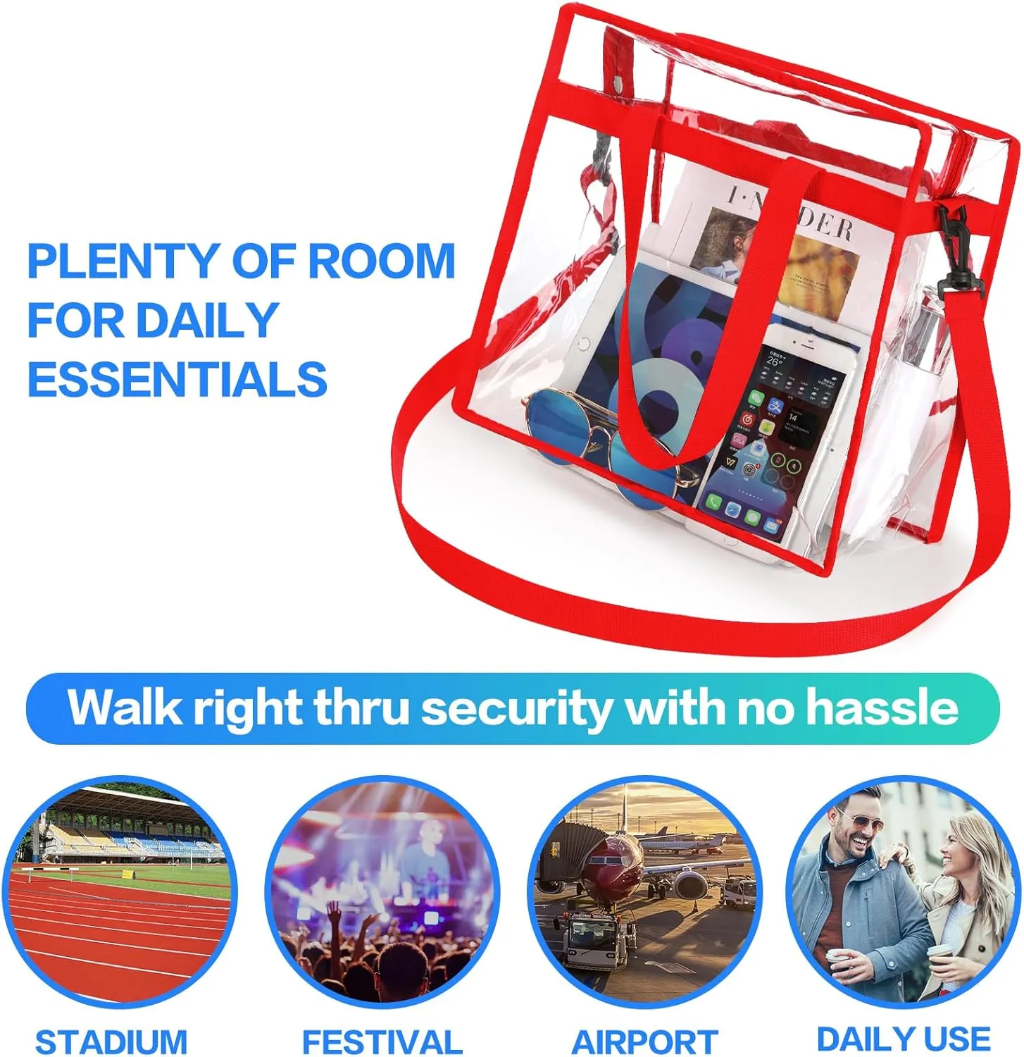 NATURAL STYLE Clear Tote Bag Stadium Security Approved, See Through Clear Handbag Purse Bag for Work, Beach, Stadium
