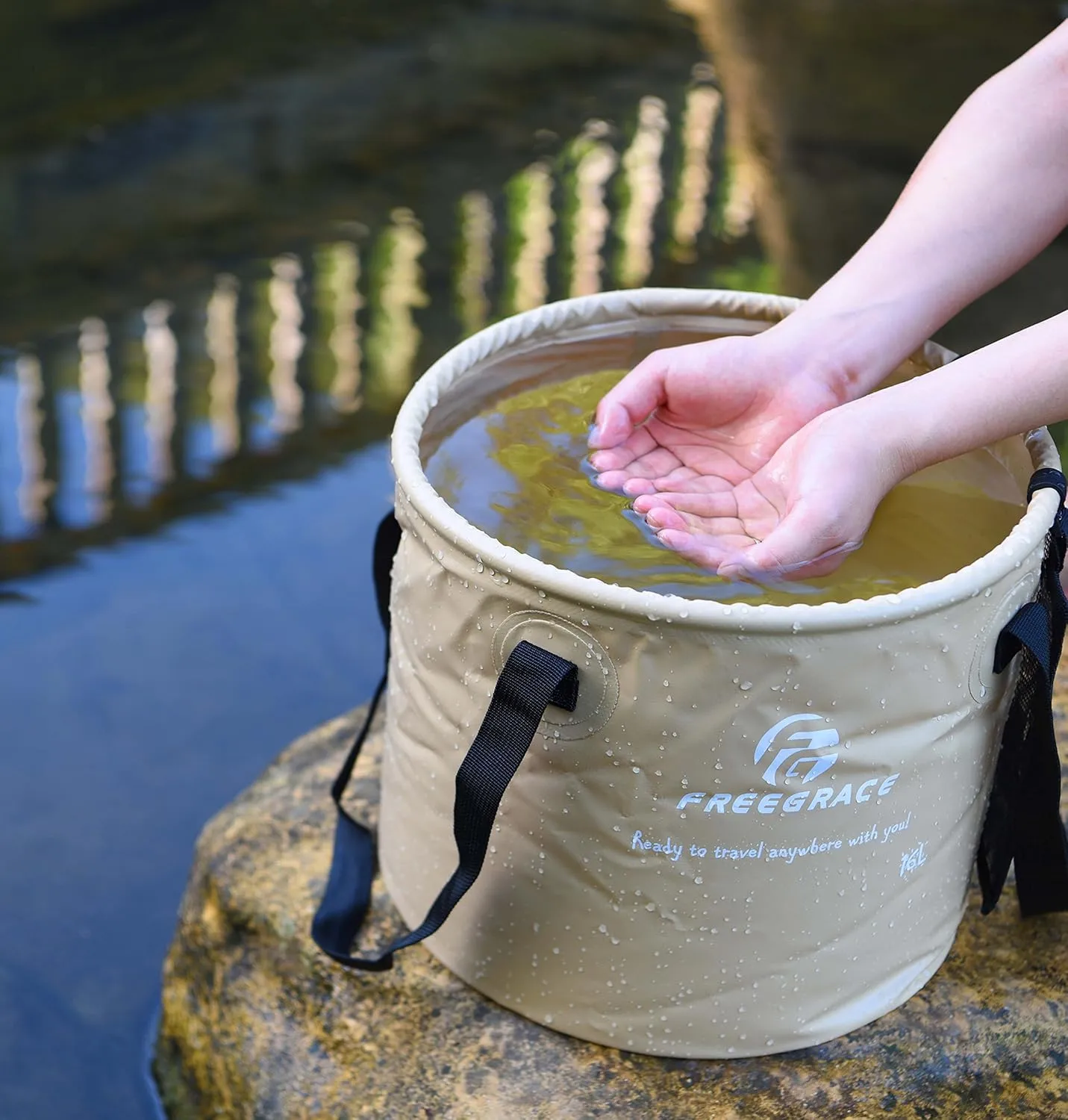 Premium Collapsible Bucket by Freegrace - Compact Portable Folding Water Container - Lightweight & Durable - Includes Handy Tool Mesh Pocket