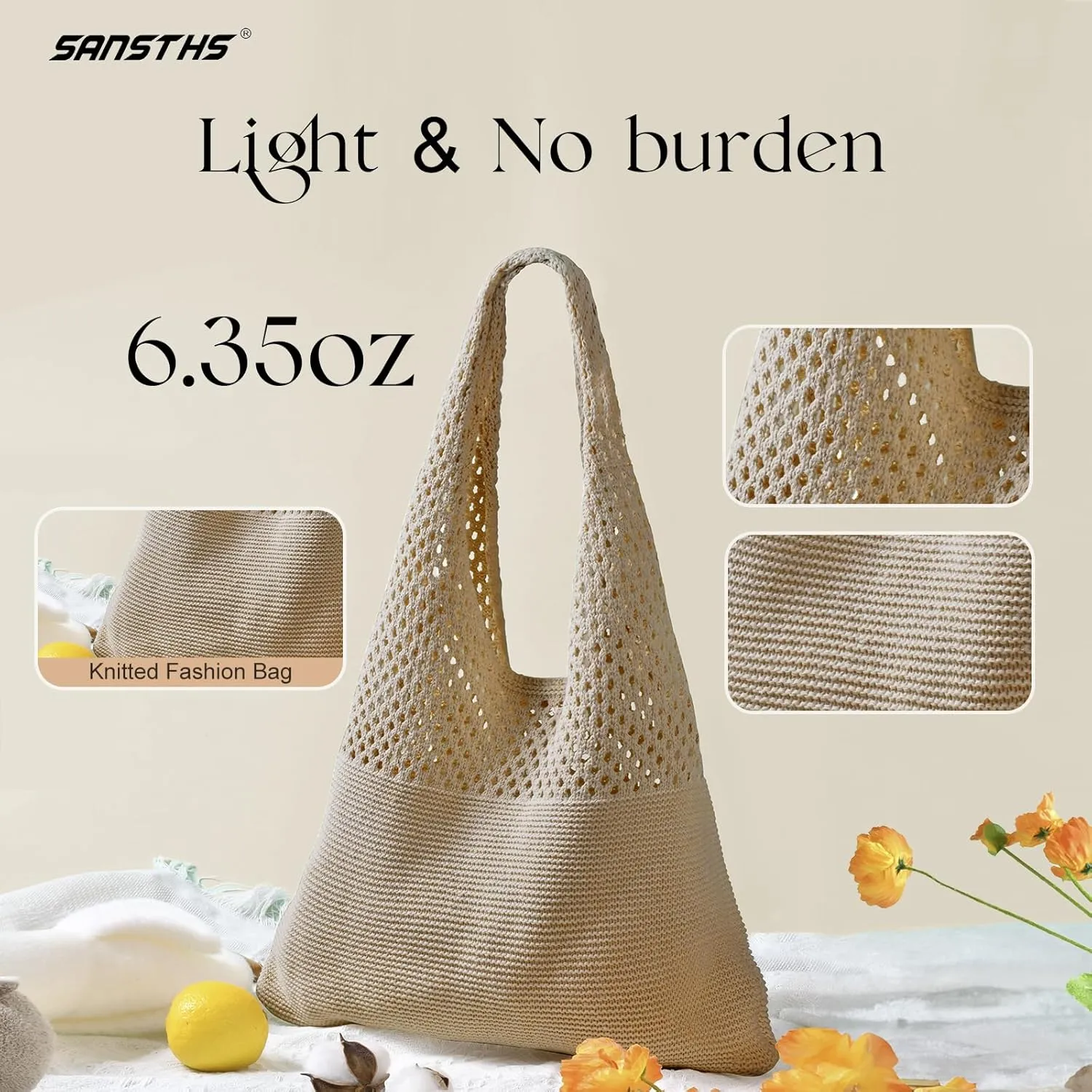 SANSTHS Crochet Mesh Beach Tote Bag Retro Hobo Knitted Bag Woven Tote Summer Shoulder Bag for Women