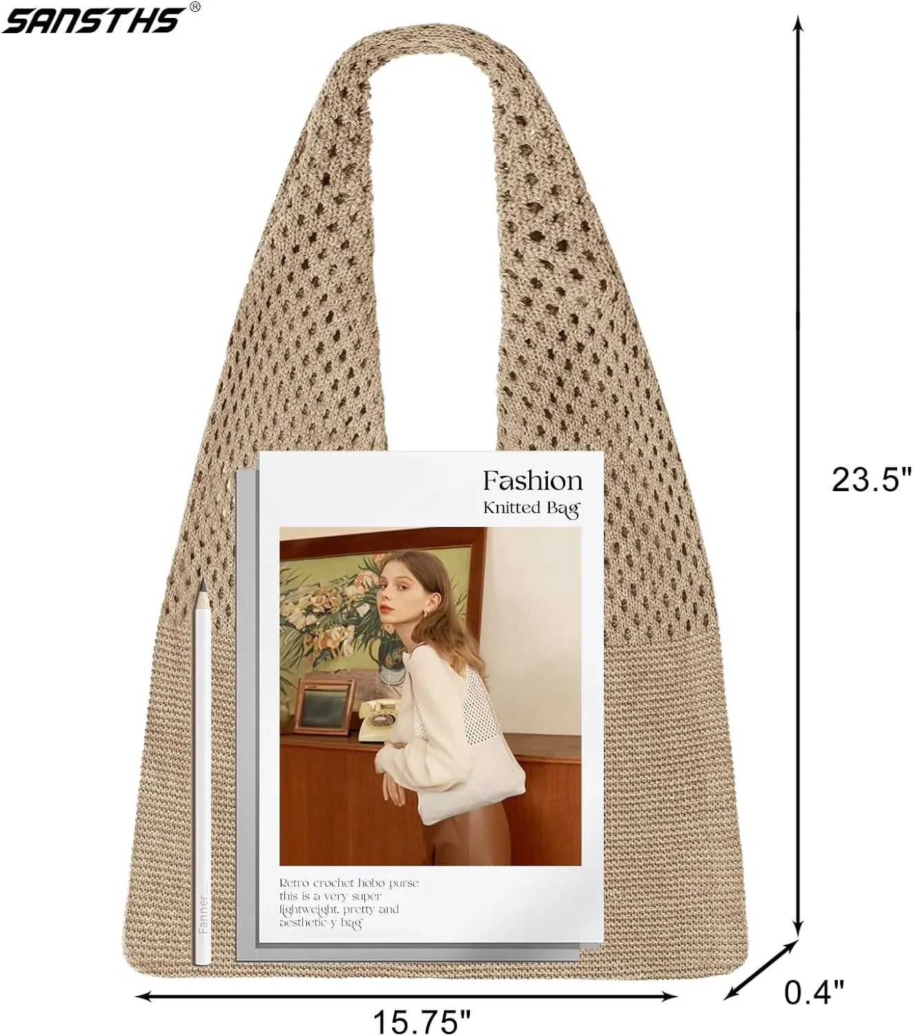 SANSTHS Crochet Mesh Beach Tote Bag Retro Hobo Knitted Bag Woven Tote Summer Shoulder Bag for Women