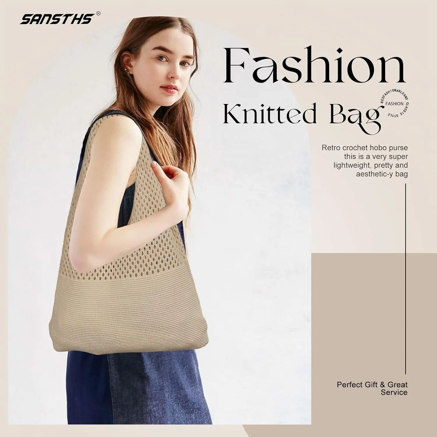 SANSTHS Crochet Mesh Beach Tote Bag Retro Hobo Knitted Bag Woven Tote Summer Shoulder Bag for Women