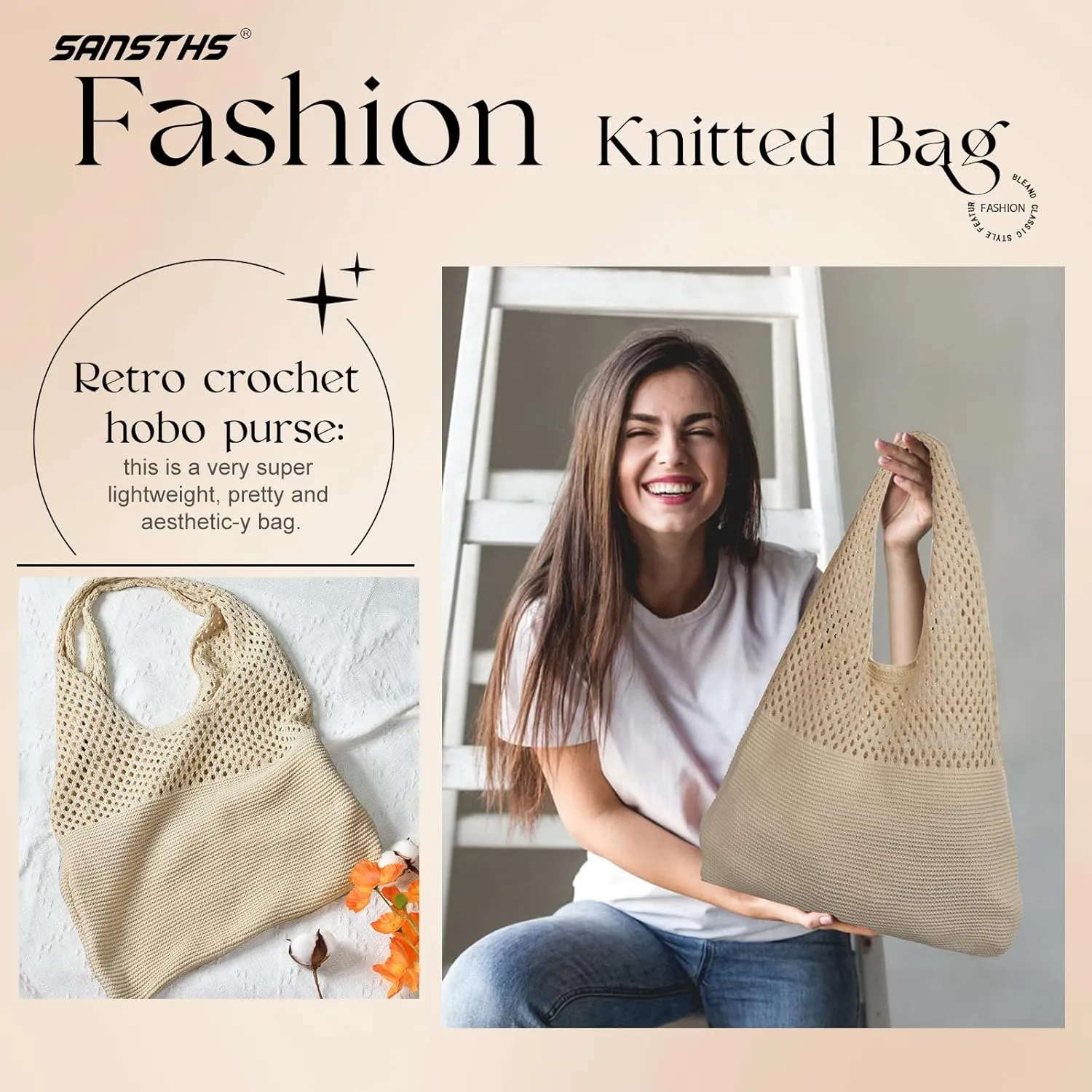 SANSTHS Crochet Mesh Beach Tote Bag Retro Hobo Knitted Bag Woven Tote Summer Shoulder Bag for Women