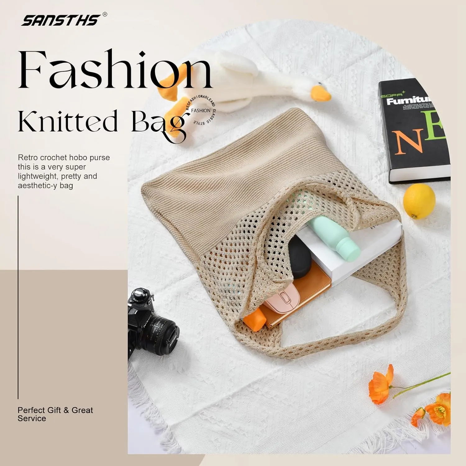 SANSTHS Crochet Mesh Beach Tote Bag Retro Hobo Knitted Bag Woven Tote Summer Shoulder Bag for Women