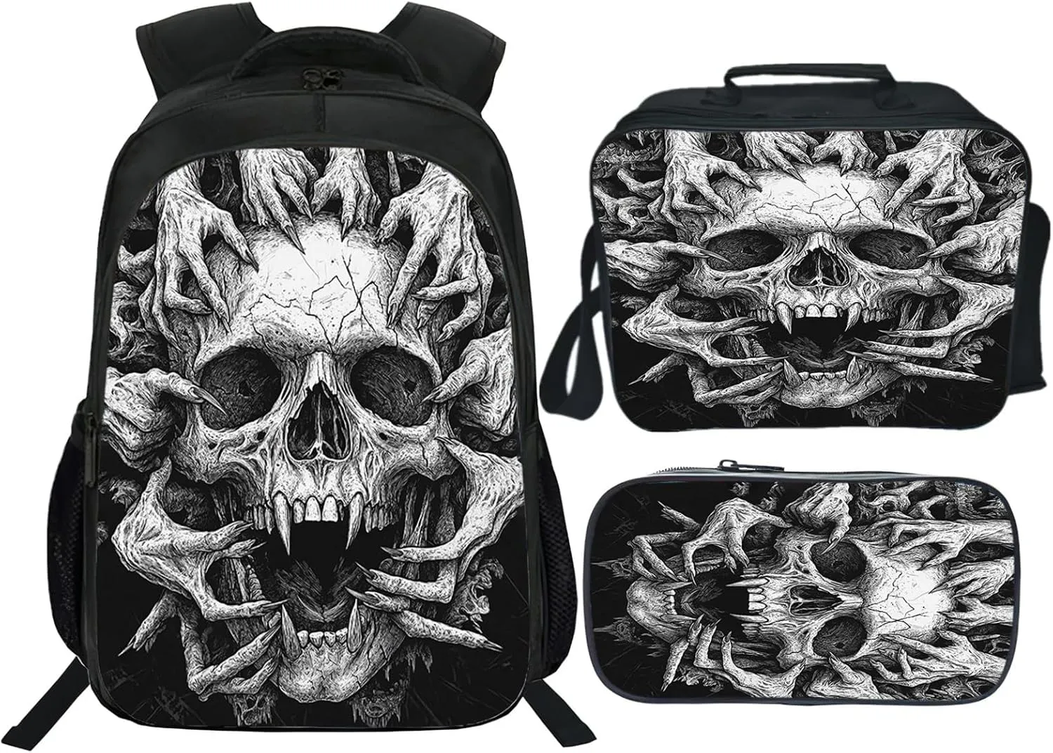 Skull Backpack Set for Boys Girls 3PCS Cool Horrible Gothic School Bag with Lunch Box Pencil Case Kids Backpacks Toddler Elementary Bookbag 16 Inch